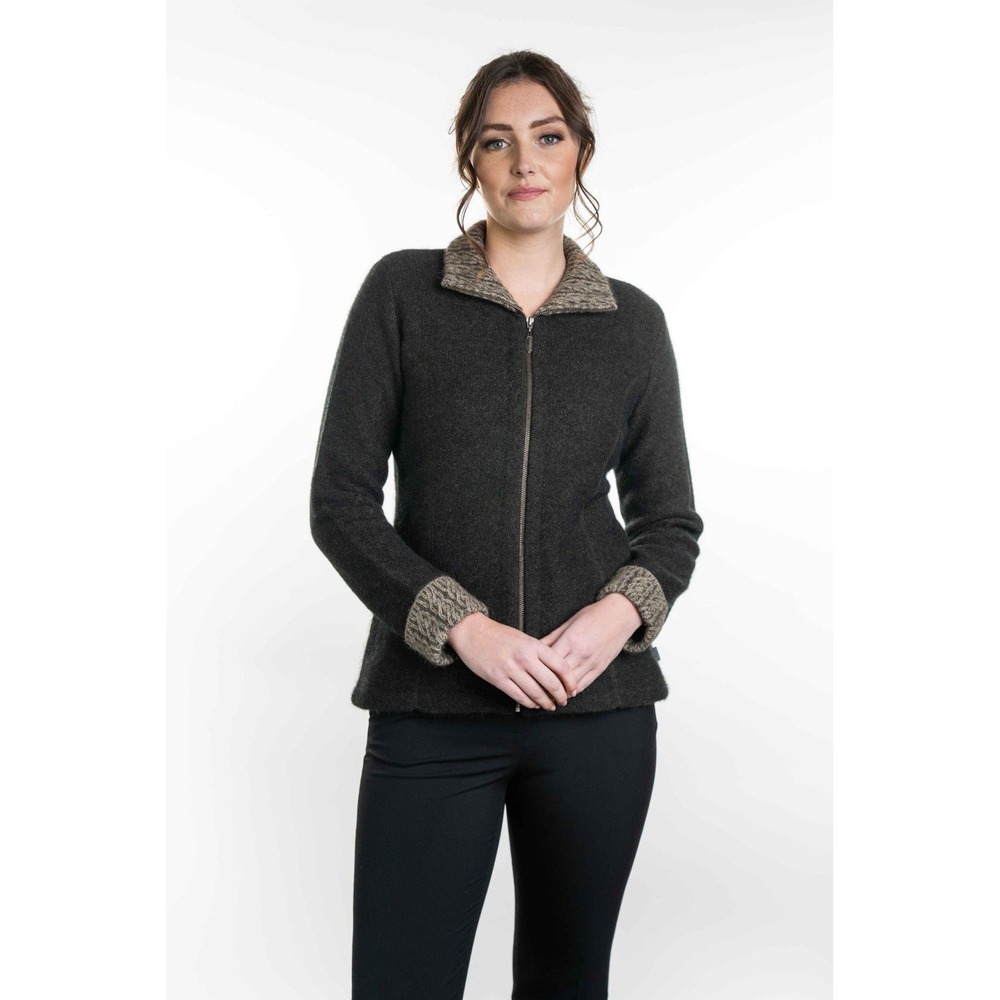 Koru New Zealand Merino Wool Possum Fur Silk Two Tone Zip Jacket Women XL Mocha